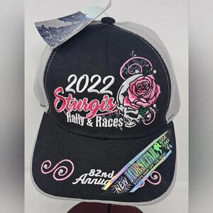 2022 Ladies Sturgis Motorcycle Rally Embroidered Rose Skull Ponytail Hat NWT